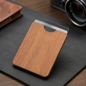 Custom RFID wooden blocking card with laser engraved company logo on cherry wood veneer