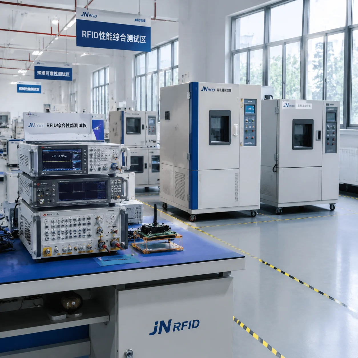 Advanced RFID testing laboratory and precision quality control machinery at JN RFID