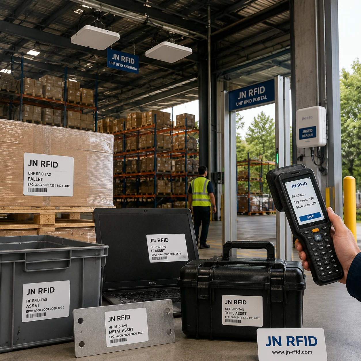 End-to-end RFID system architecture workflow diagram mapping tags to enterprise systems