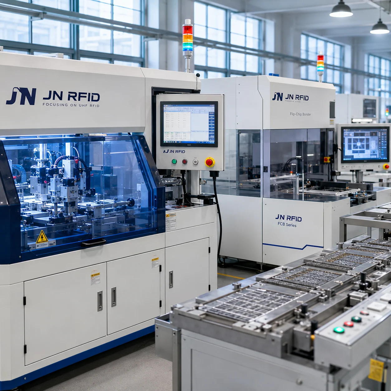 High-speed ultrasonic wire embedding and flip-chip bonding production lines at JN RFID factory