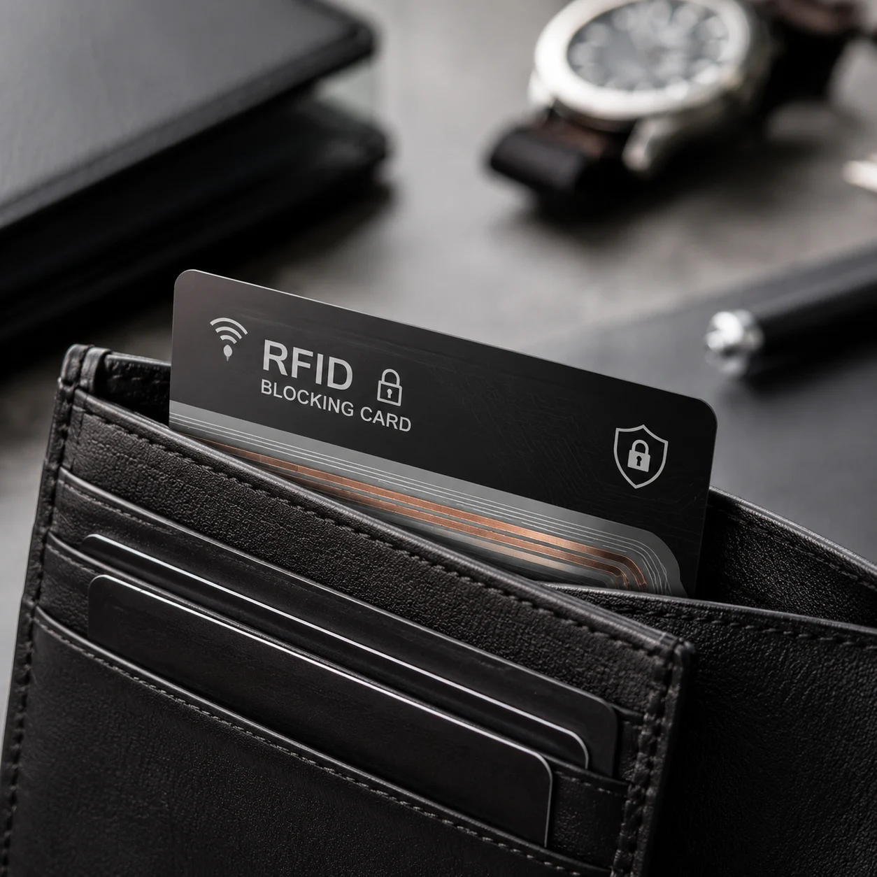 Illustration of RFID blocking card protecting wallet cards