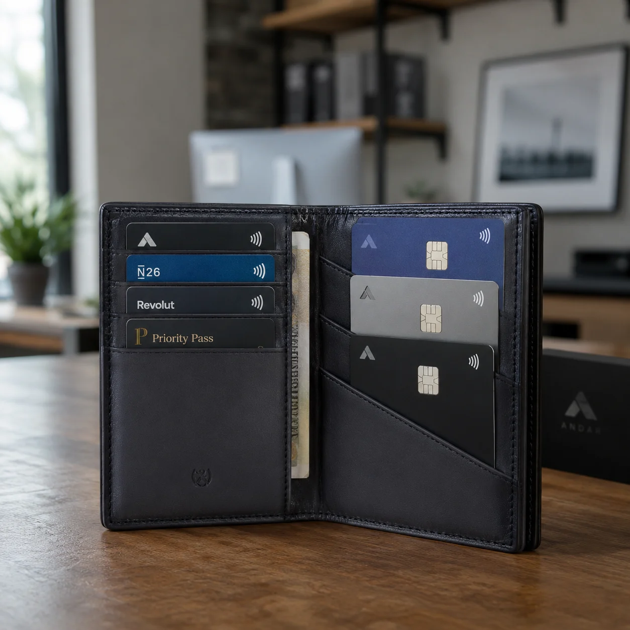 Illustration showing wallet with RFID blocking card protecting credit and access cards from scanning