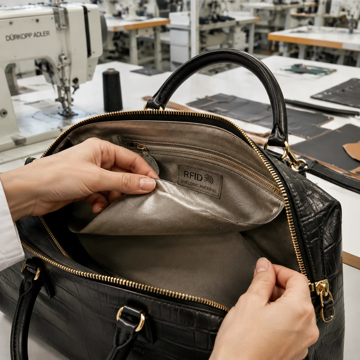 Industrial application of JN RFID blocking fabrics embedded inside consumer luxury bag linings