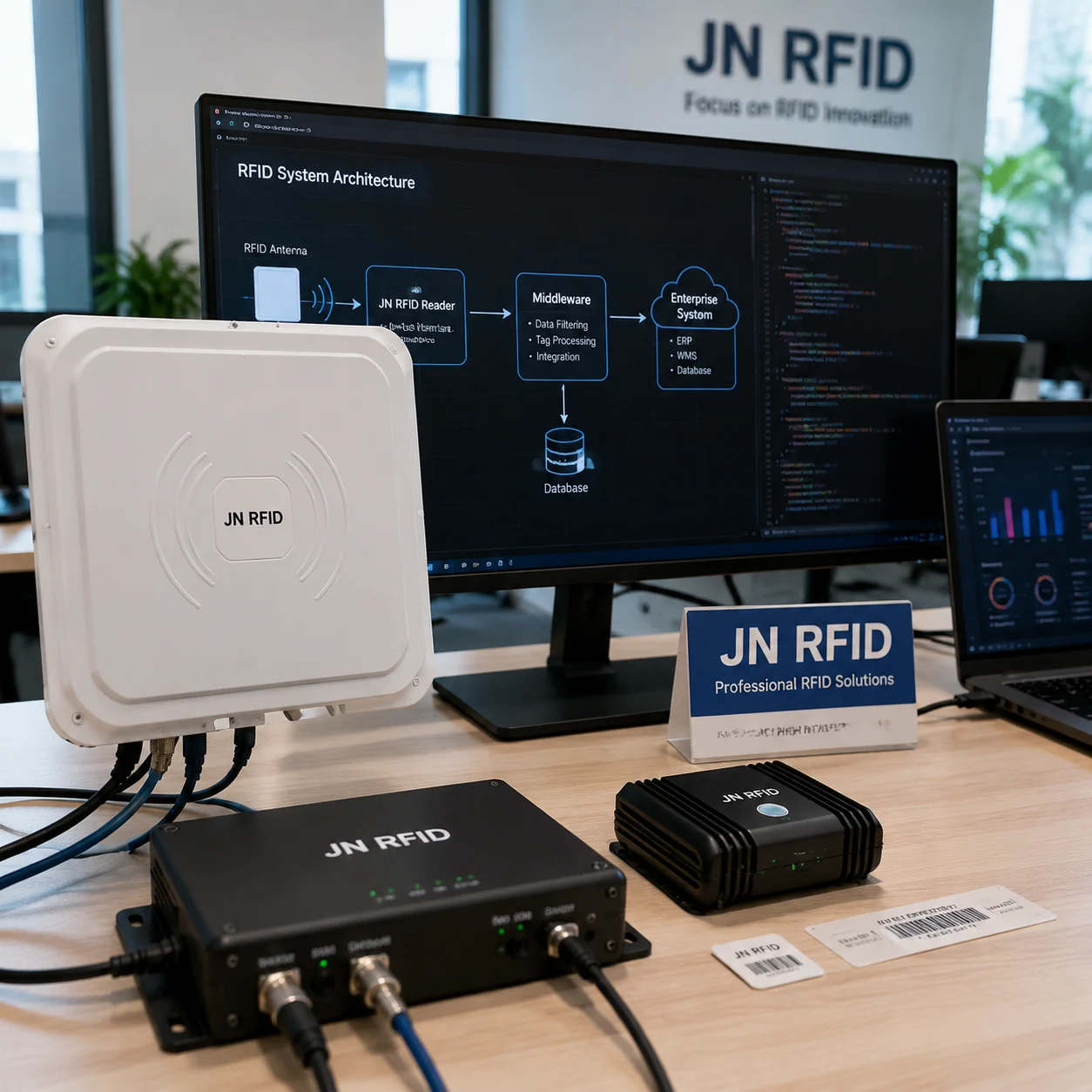 Integration architecture diagram showing JN RFID hardware middleware and enterprise application layer data pipelines
