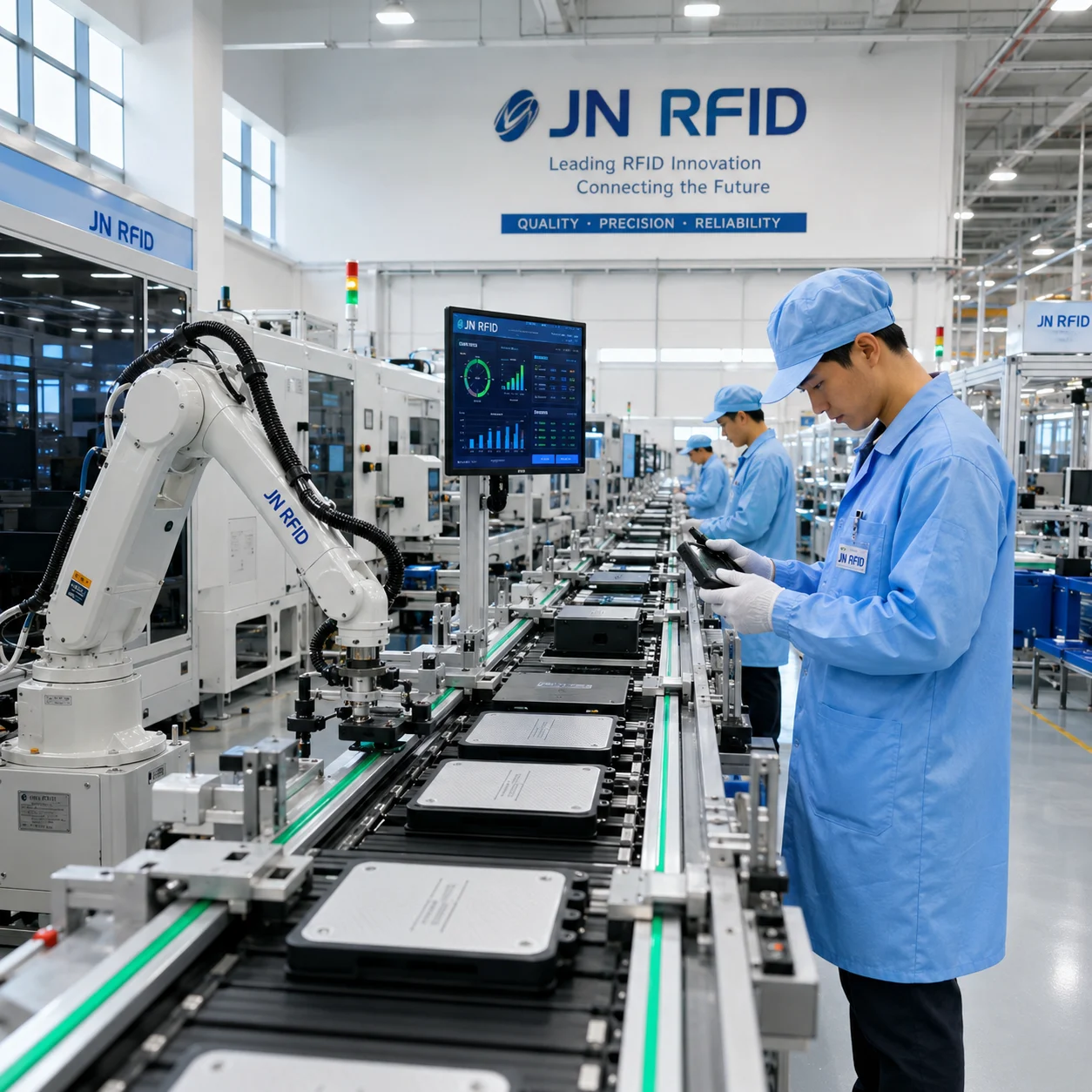 JN RFID automated assembly plant and quality control validation line for stationary and handheld rfid readers