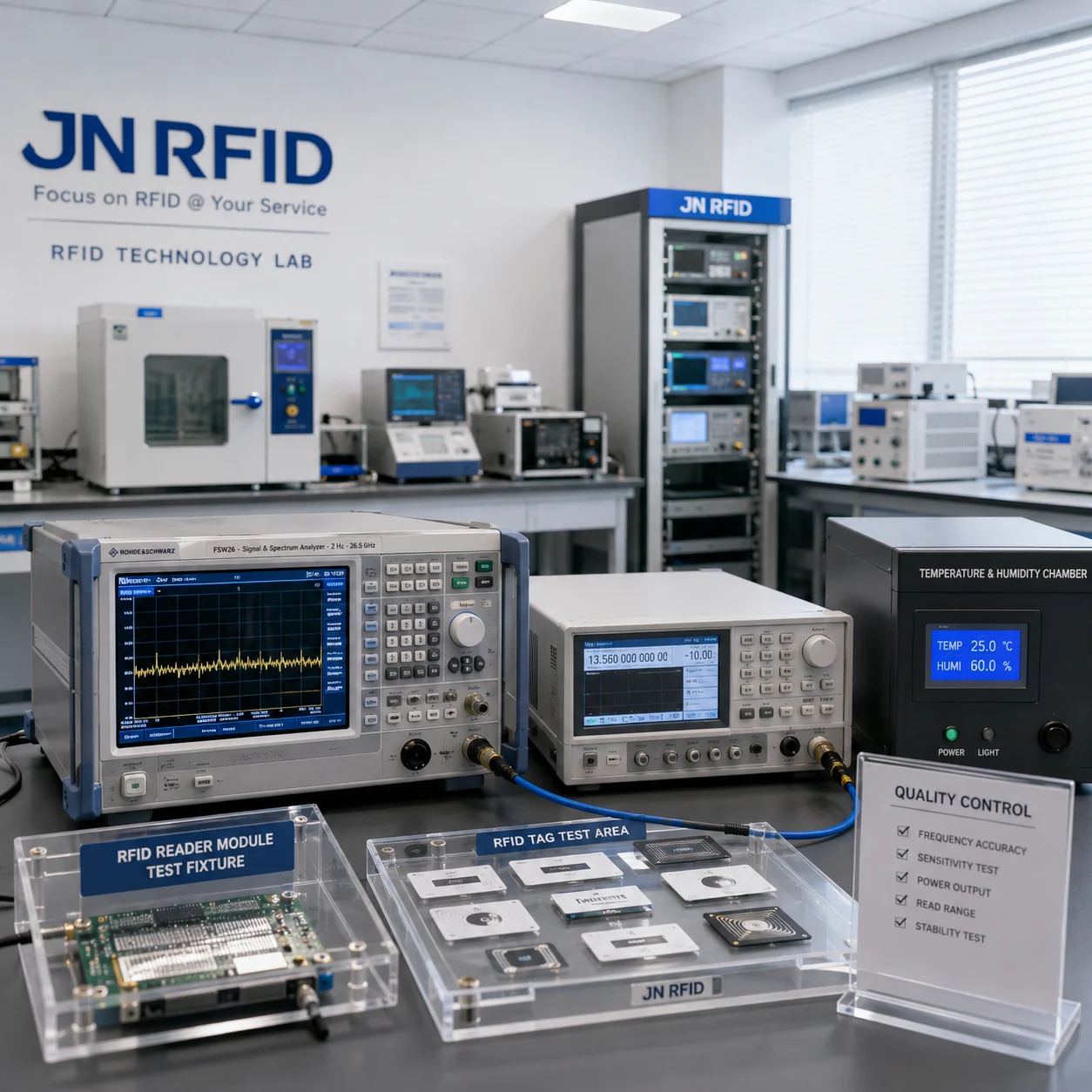 JN RFID automated smart card and tag inspection lab performing 100% read-write verification
