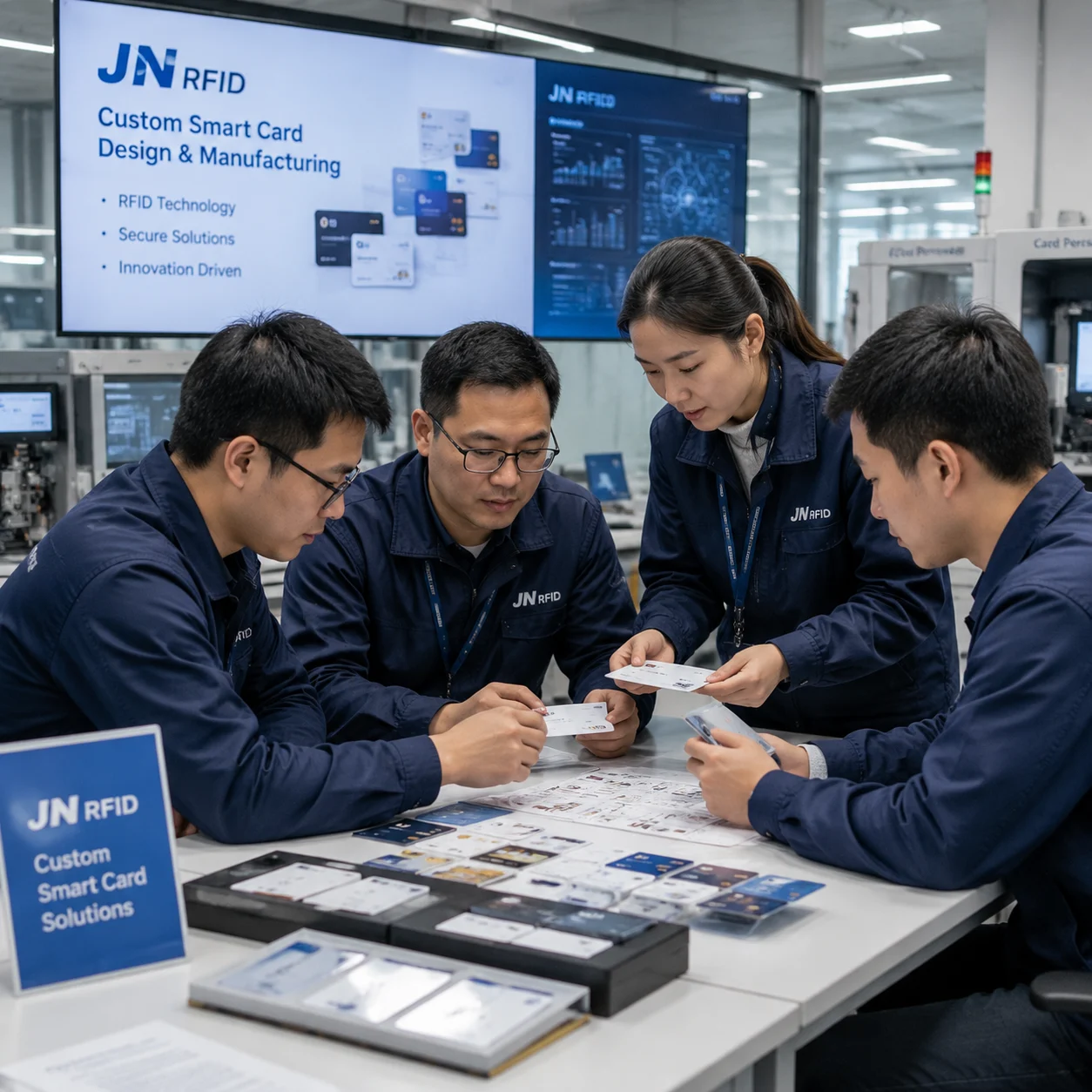 JN RFID engineering team collaborating on custom smart card manufacturing and technical support