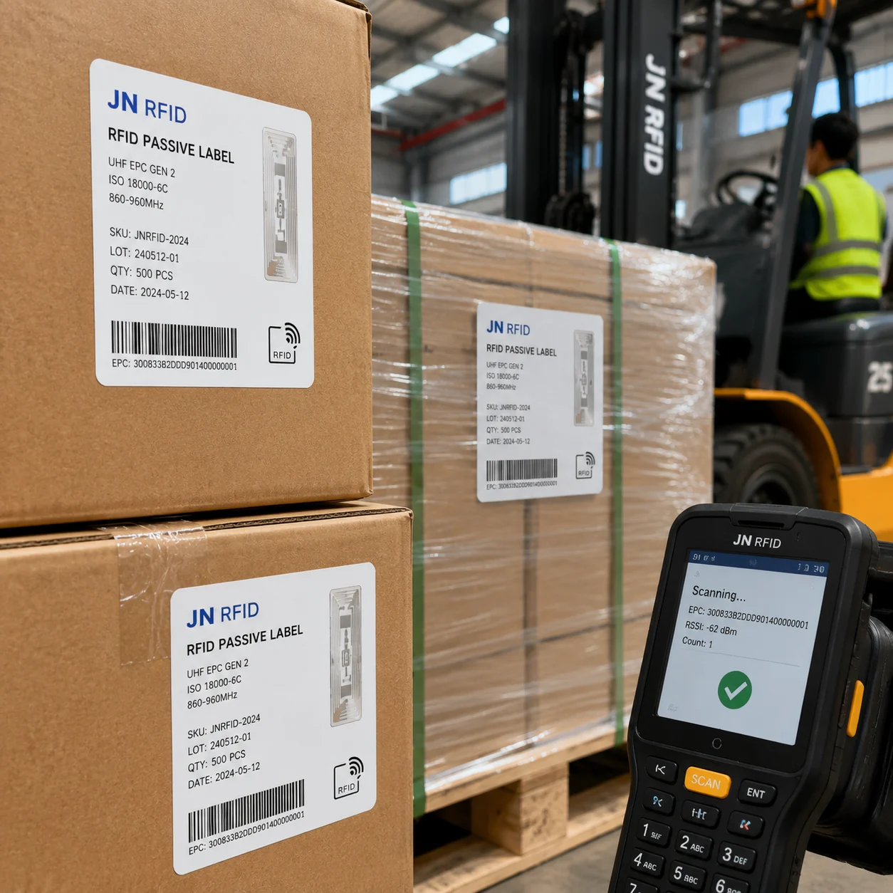 JN RFID passive tracking labels deployed on commercial shipping cartons and freight pallets