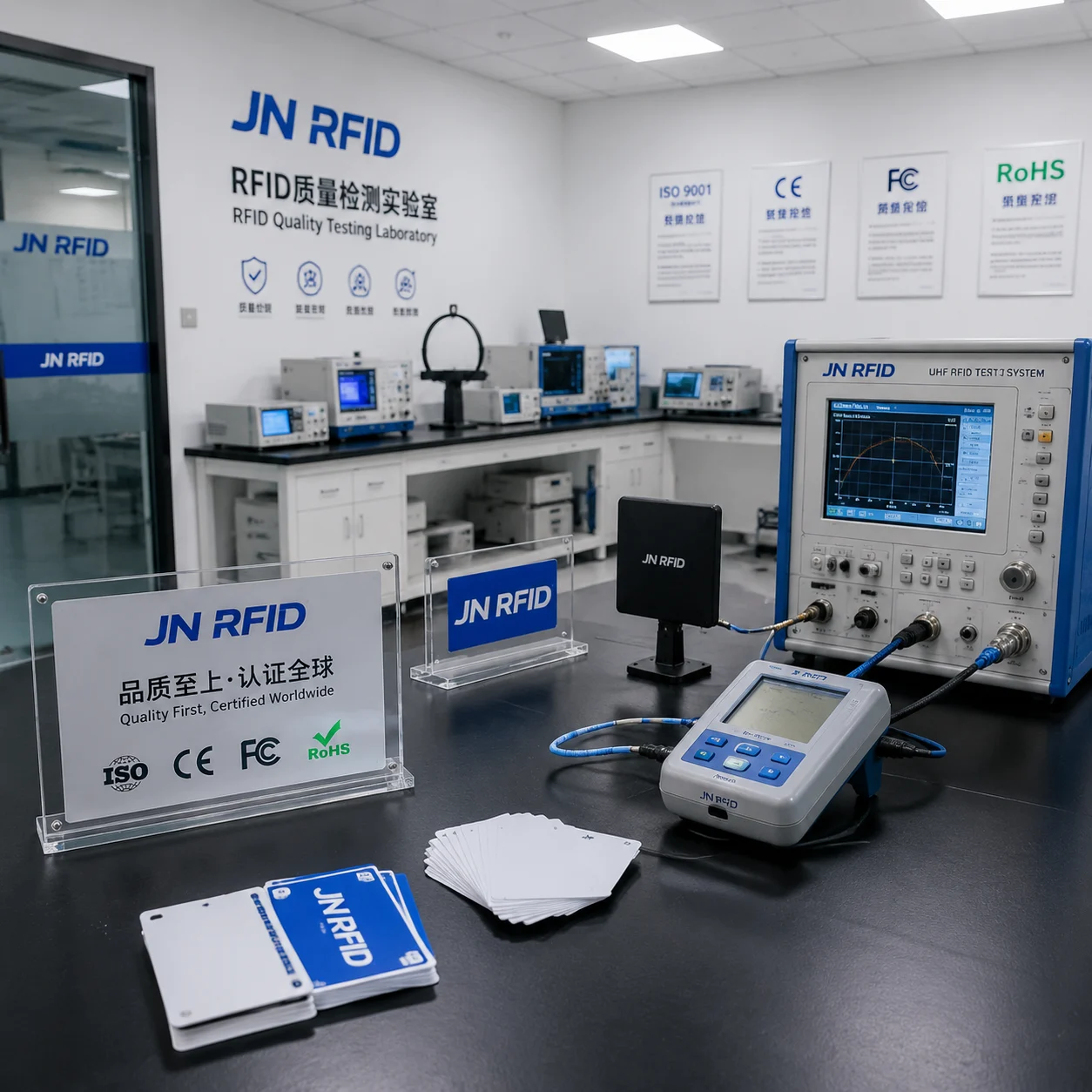 JN RFID quality control lab verifying RFID card compliance and international standards