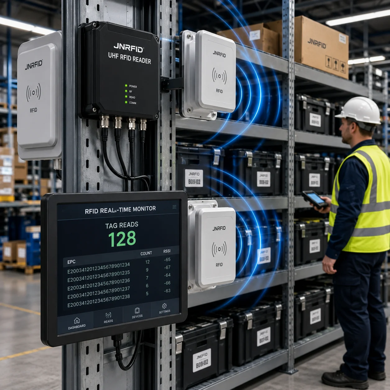JN RFID solutions for system integrators demonstrating the interaction between RFID readers, external antennas, tags, and backend enterprise software