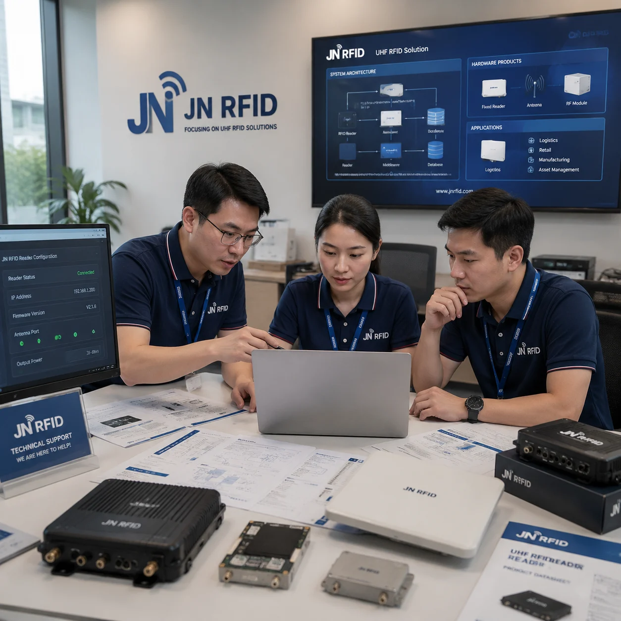 JN RFID technical support engineering team assisting with system integration and data sheet documentation