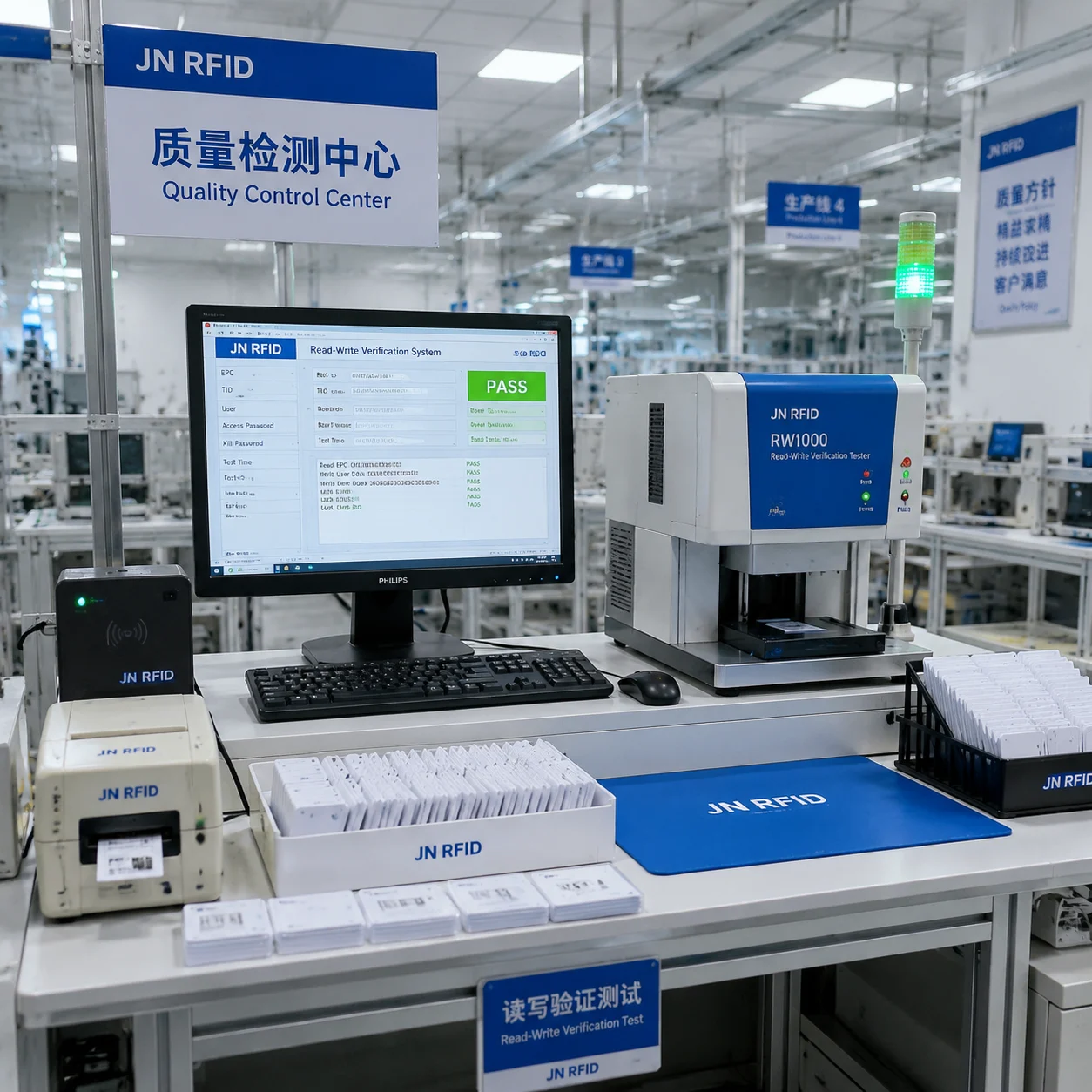 JN RFID technicians performing 100% read-write verification testing on completed smart cards
