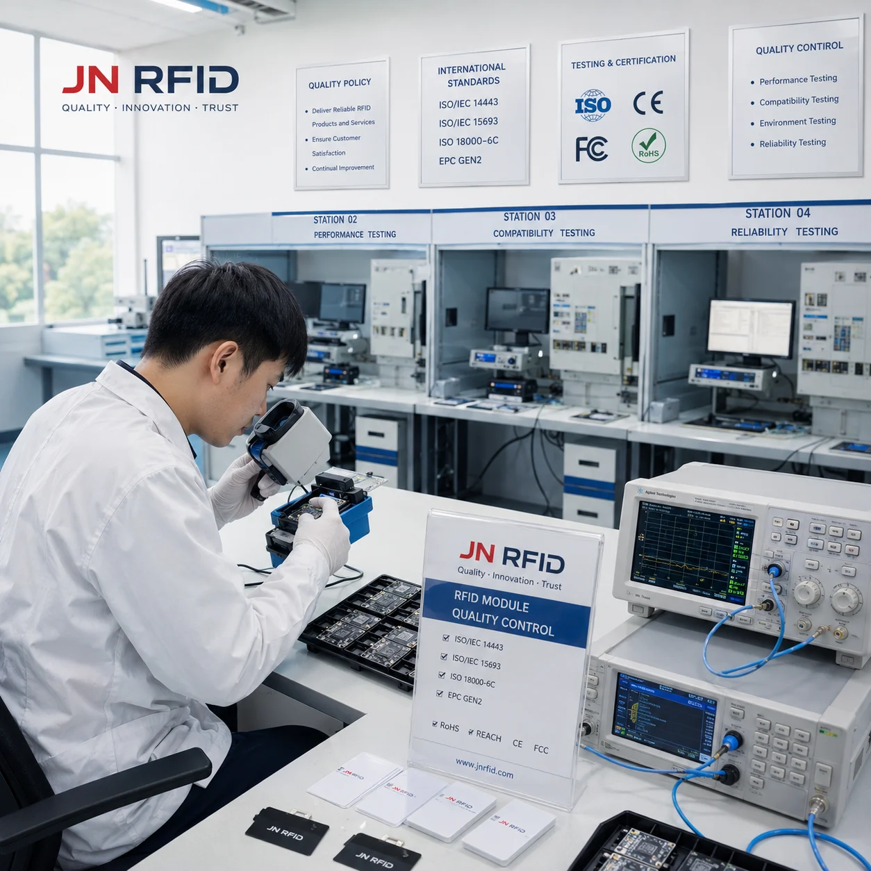Quality assurance protocols and certifications for JN RFID modules and chips
