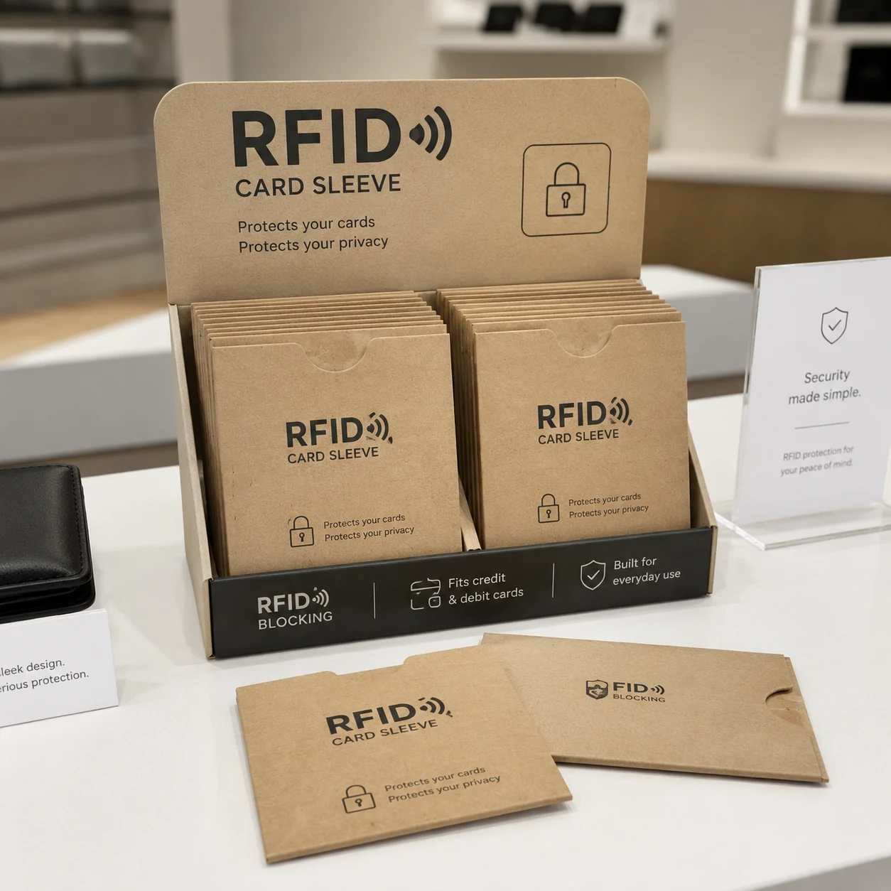 Retail and brand merchandise RFID blocking card sleeves