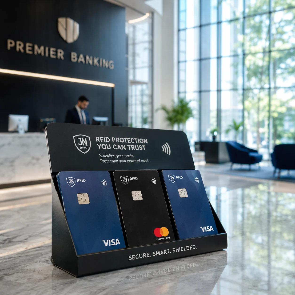 RFID shield for bank cards and financial institution security