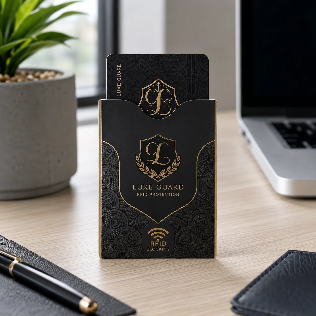 Showcase of custom logo printed RFID card sleeves and packaging