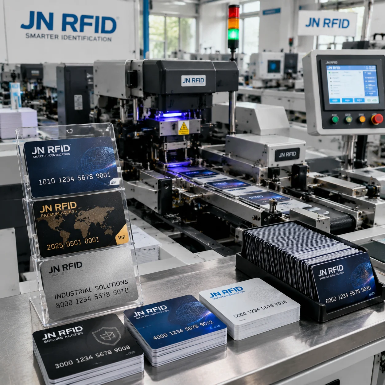 Showcase of custom printed RFID cards, specialized UHF tags, and personalized encoding options from JN RFID