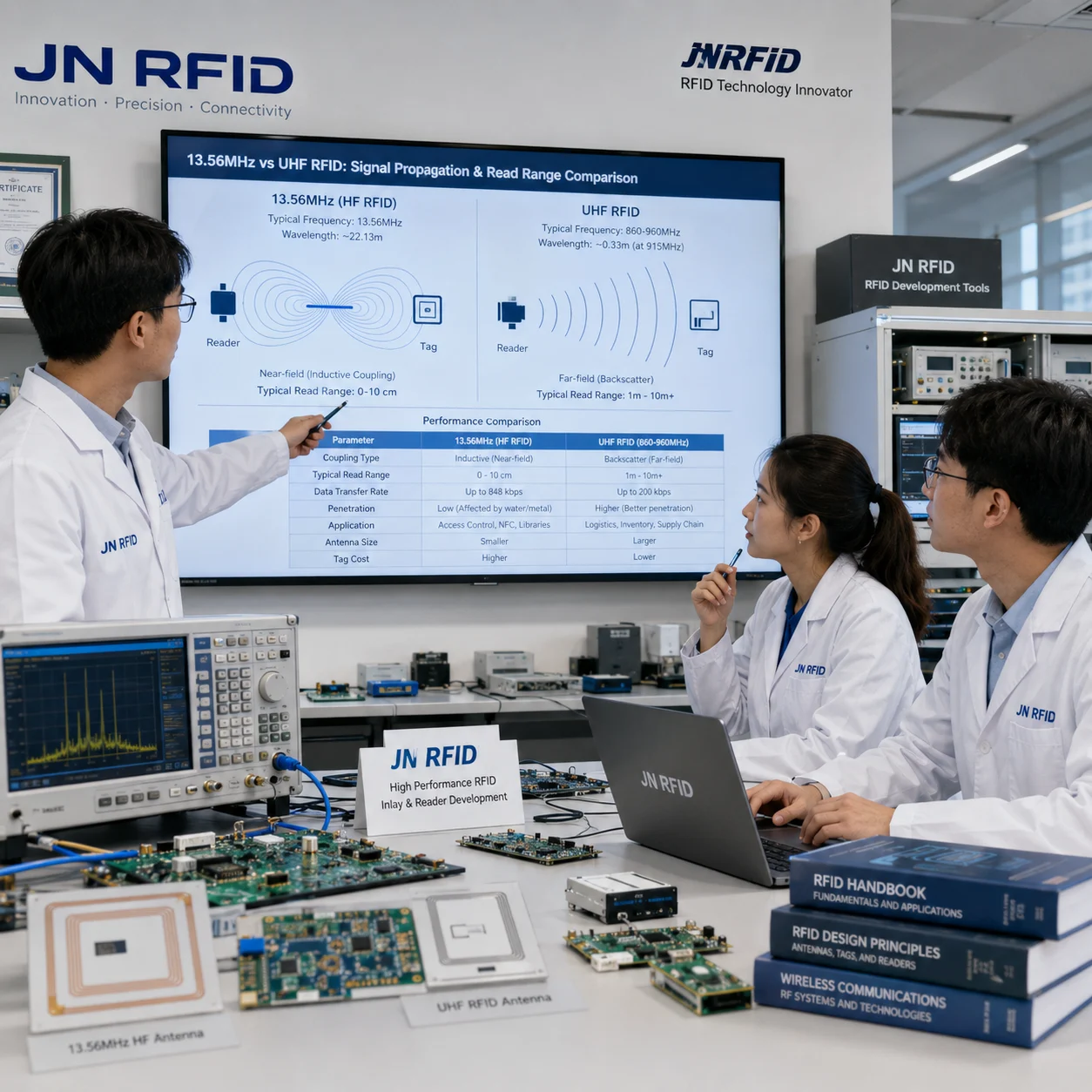 Technical chart comparing the signal propagation and read ranges of 13.56MHz high frequency rfid tags versus ultra-high frequency configurations