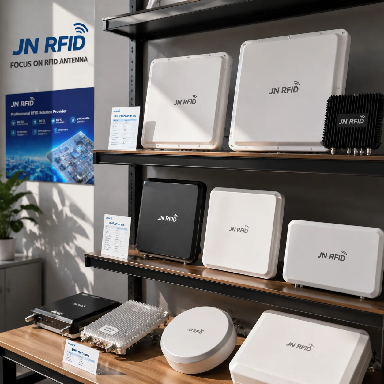 Technical diagram illustrating low-gain wide-angle vs high-gain focused directional RFID antenna read fields