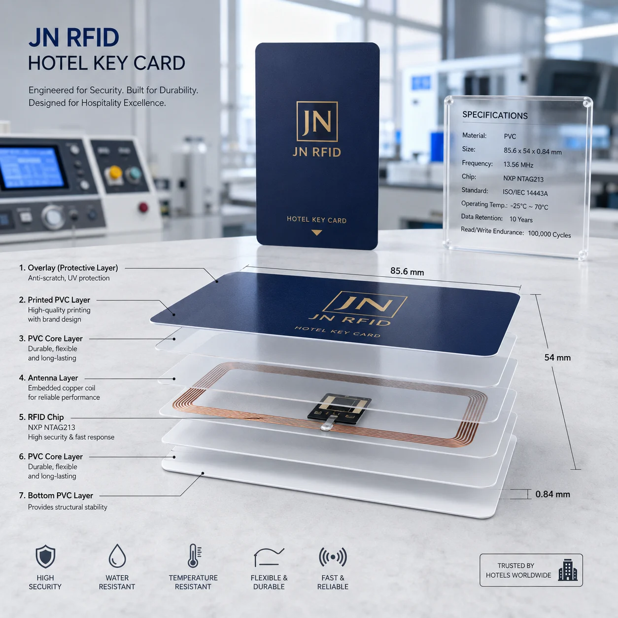 Technical dimensions and layered structure specification of JN RFID hotel key cards
