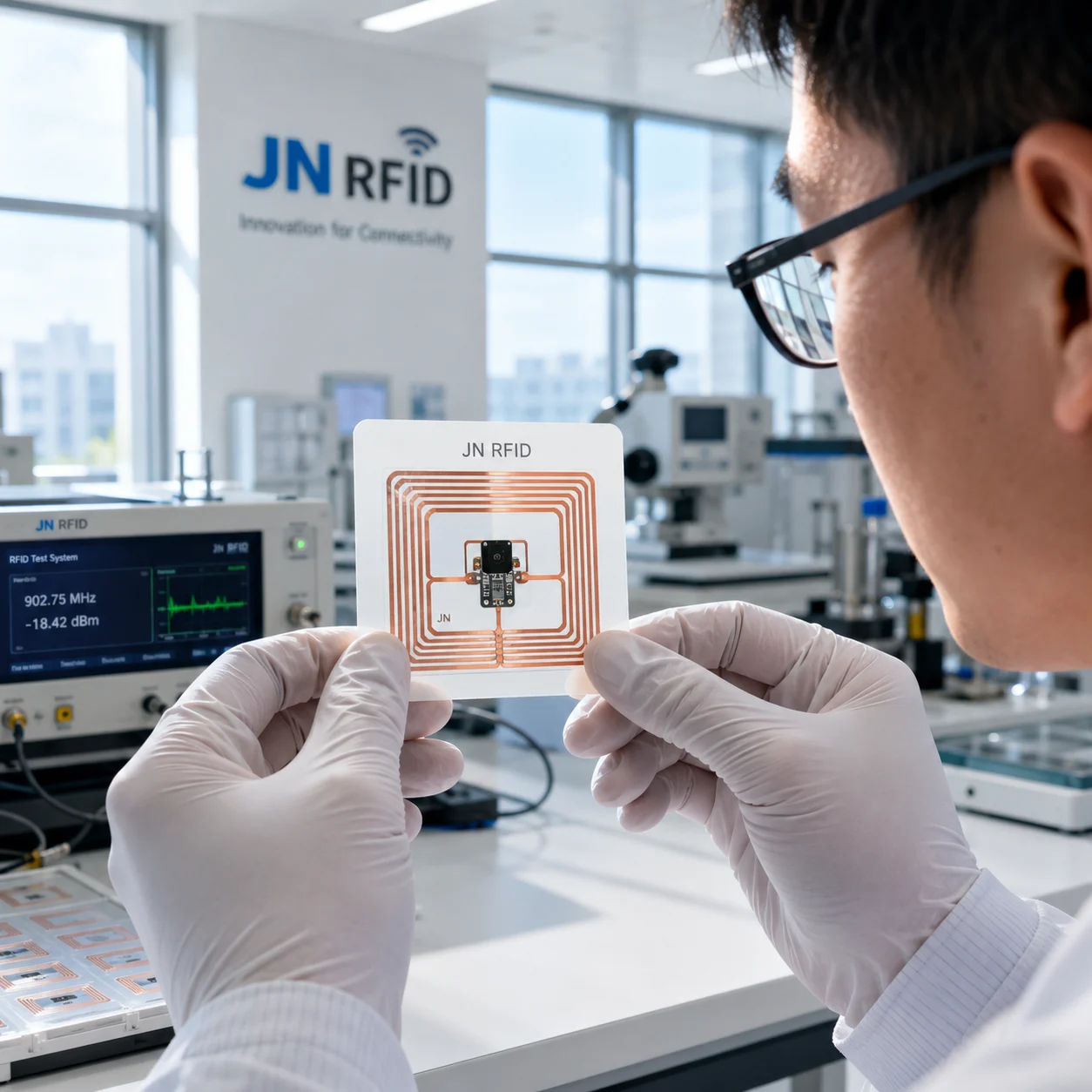 Technical illustration of JN RFID HF RFID tag internal copper antenna and silicon chip layout