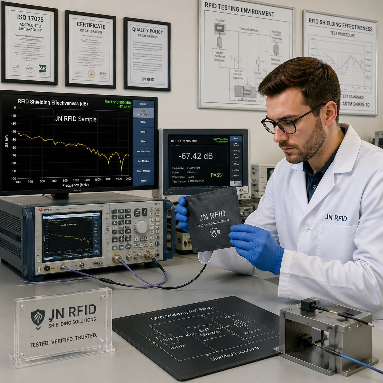 Technical schematic demonstrating RFID blocking material composition and laboratory shielding effectiveness test standard setup
