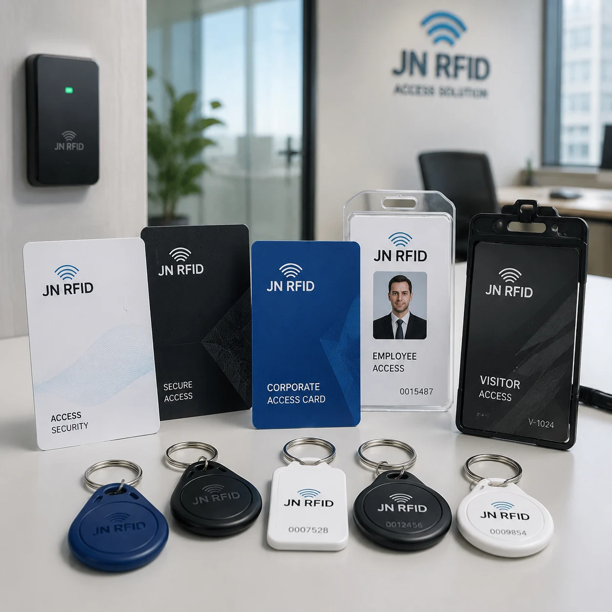 Various types of secure RFID access cards, proximity badges, and durable key fobs for corporate entry systems